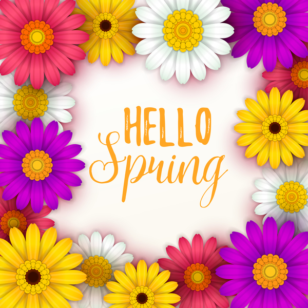 Colored flower with hello spring background vectors 03
