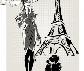Fashion girl and eiffel tower hand drawing vector 01