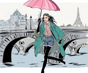 Fashion girl and eiffel tower hand drawing vector 02