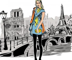Fashion girl and eiffel tower hand drawing vector 03