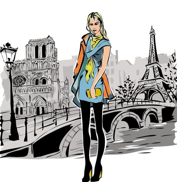 Fashion girl and eiffel tower hand drawing vector 03