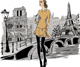 Fashion girl and eiffel tower hand drawing vector 04