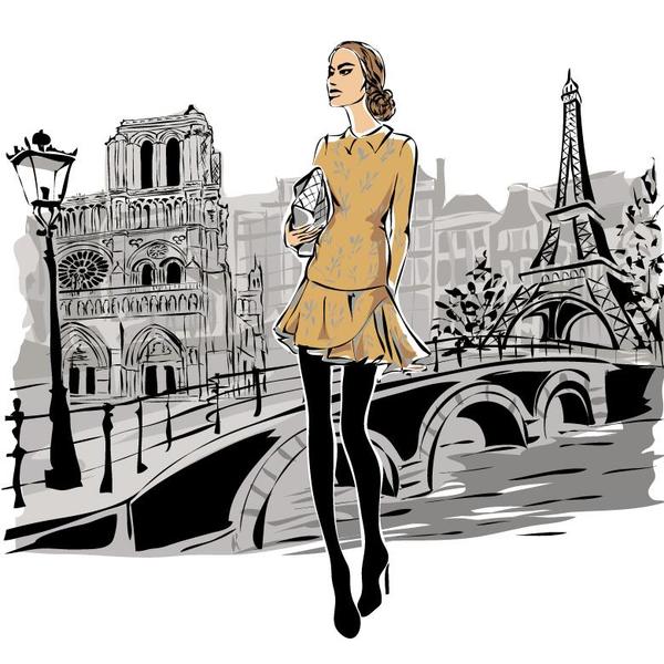 Fashion girl and eiffel tower hand drawing vector 04