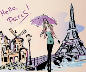 Fashion girl and eiffel tower hand drawing vector 05