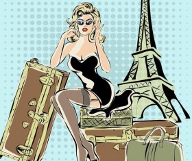 Fashion girl and eiffel tower hand drawing vector 06