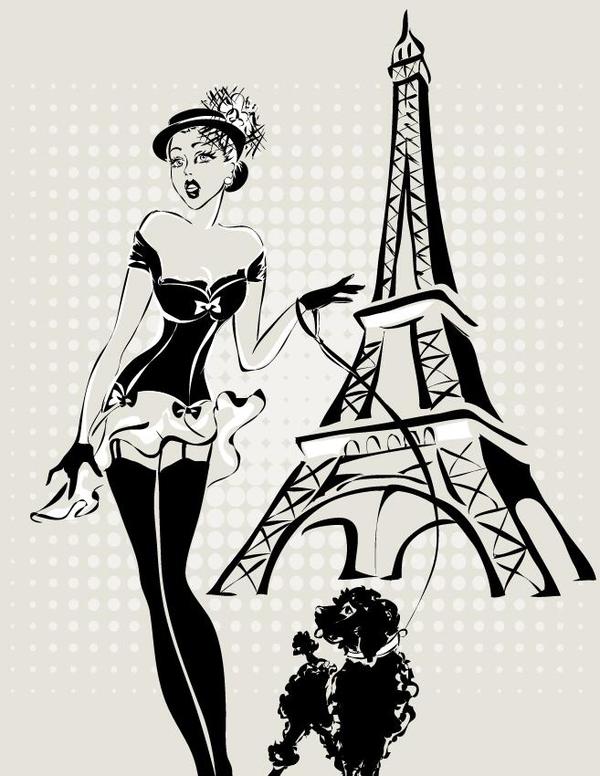 Fashion girl and eiffel tower hand drawing vector 07