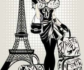 Fashion girl and eiffel tower hand drawing vector 08