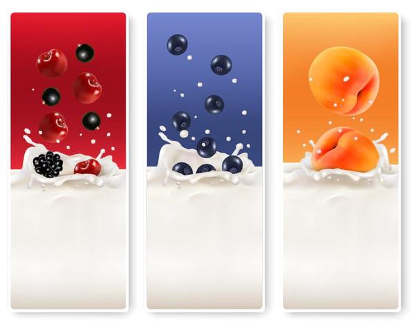 Fresh fruit with milk banner design vector 01