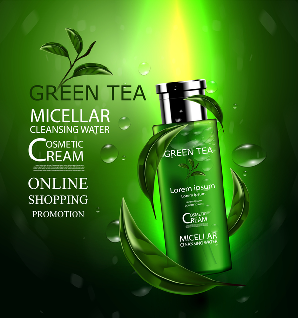 Green tea cosmetic cream advertising poster template vector 07