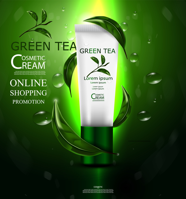 Green tea cosmetic cream advertising poster template vector 13