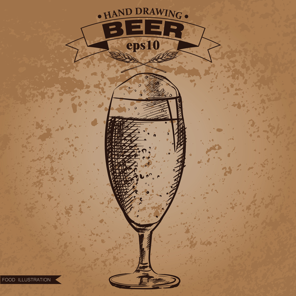 Grunge background and hand drawing beer vectors 01