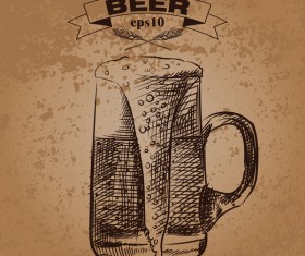 Grunge background and hand drawing beer vectors 02