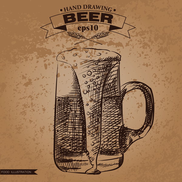 Grunge background and hand drawing beer vectors 02