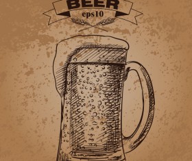 Grunge background and hand drawing beer vectors 03