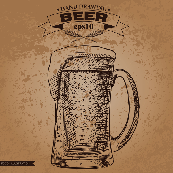 Grunge background and hand drawing beer vectors 03