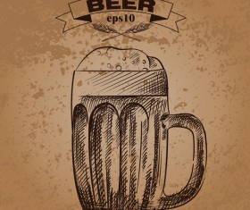 Grunge background and hand drawing beer vectors 04