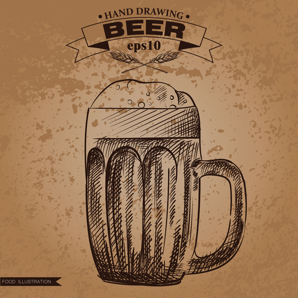 Grunge background and hand drawing beer vectors 04