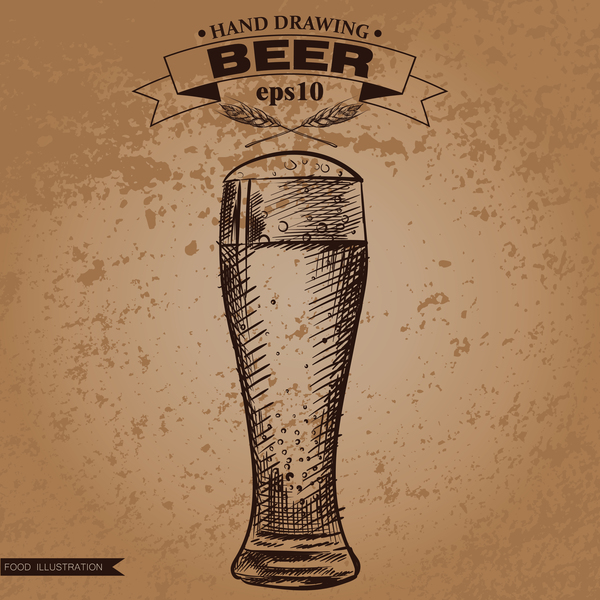 Grunge background and hand drawing beer vectors 05