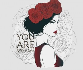 Hand drawn girl with rose vector 04