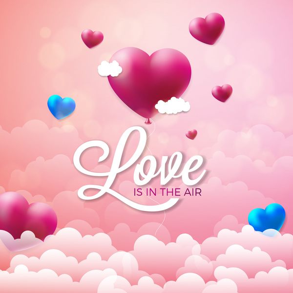 Heart shape balloon with valentine background and cloud vector
