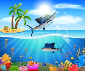 Island with underwater world design vector 01