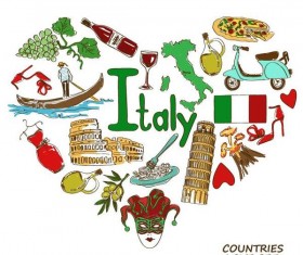 Italy country elements with heart shape vector
