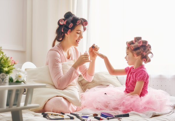 Mother teaches daughter make-up Stock Photo 02