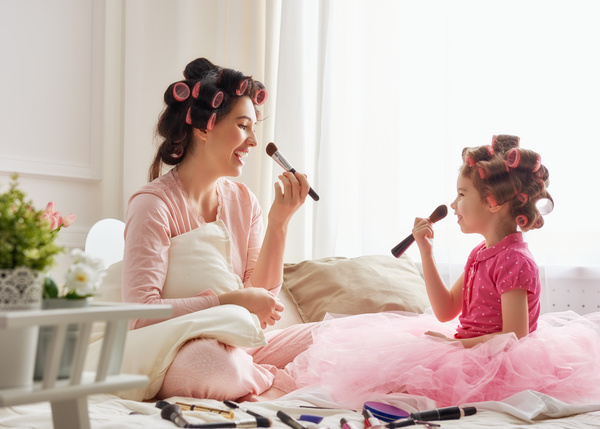 Mother teaches daughter make-up Stock Photo 04