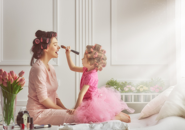 Mother teaches daughter make-up Stock Photo 05