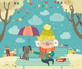 Old man with dog and easter card vector 02