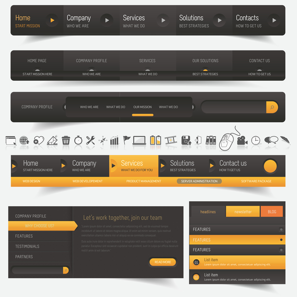 Orange with black navigation menu vector