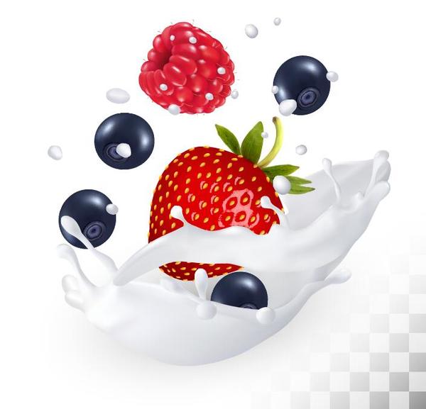 Raspberry and blueberry with strawberry with splash milk vector