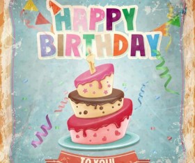 Retro birthday card with cartoon cake vector 03