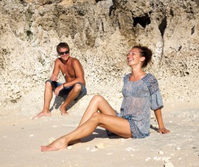 Romantic Lovers walking on the beach Stock Photo 04