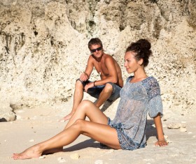 Romantic Lovers walking on the beach Stock Photo 05