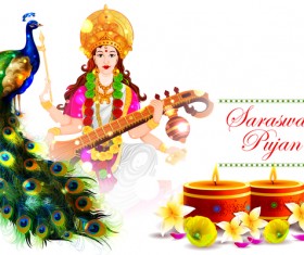 Saraswati pujan festival ethnic style vector material 01