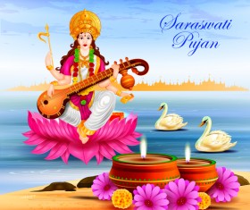 Saraswati pujan festival ethnic style vector material 03