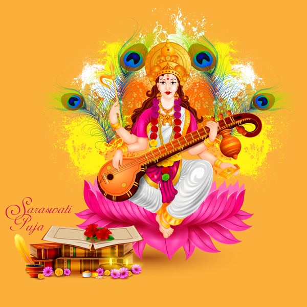 Saraswati pujan festival ethnic style vector material 04