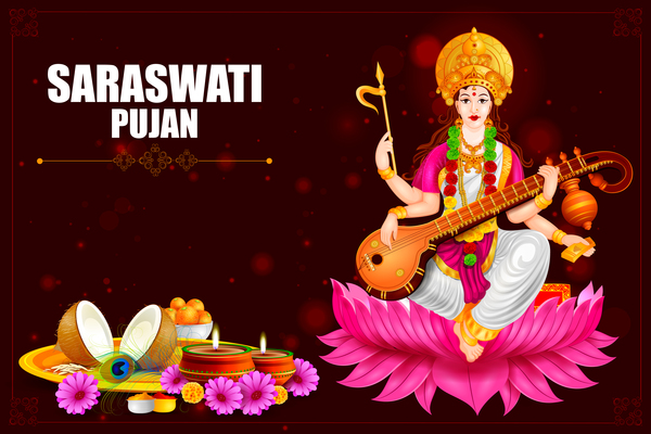 Saraswati pujan festival ethnic style vector material 05