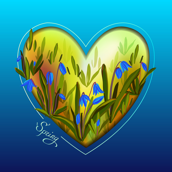 Spring blue background with heart shape vector