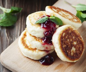 Strawberry jam cheese pancakes Stock Photo