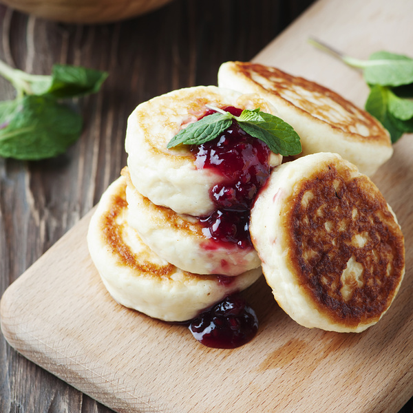 Strawberry jam cheese pancakes Stock Photo
