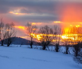 Twilight sun and snow landscape Stock Photo