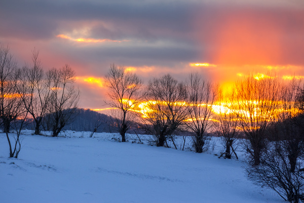Twilight sun and snow landscape Stock Photo