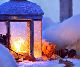 Winter outdoor lighted lantern Stock Photo