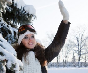 Woman in winter outdoor photographing Stock Photo