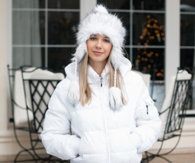 Woman wearing cotton cap outdoors in winter Stock Photo 05