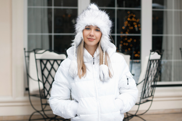 Woman wearing cotton cap outdoors in winter Stock Photo 05
