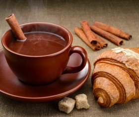 hot chocolate drinks and bread Stock Photo
