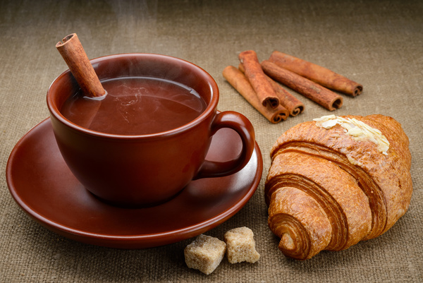 hot chocolate drinks and bread Stock Photo
